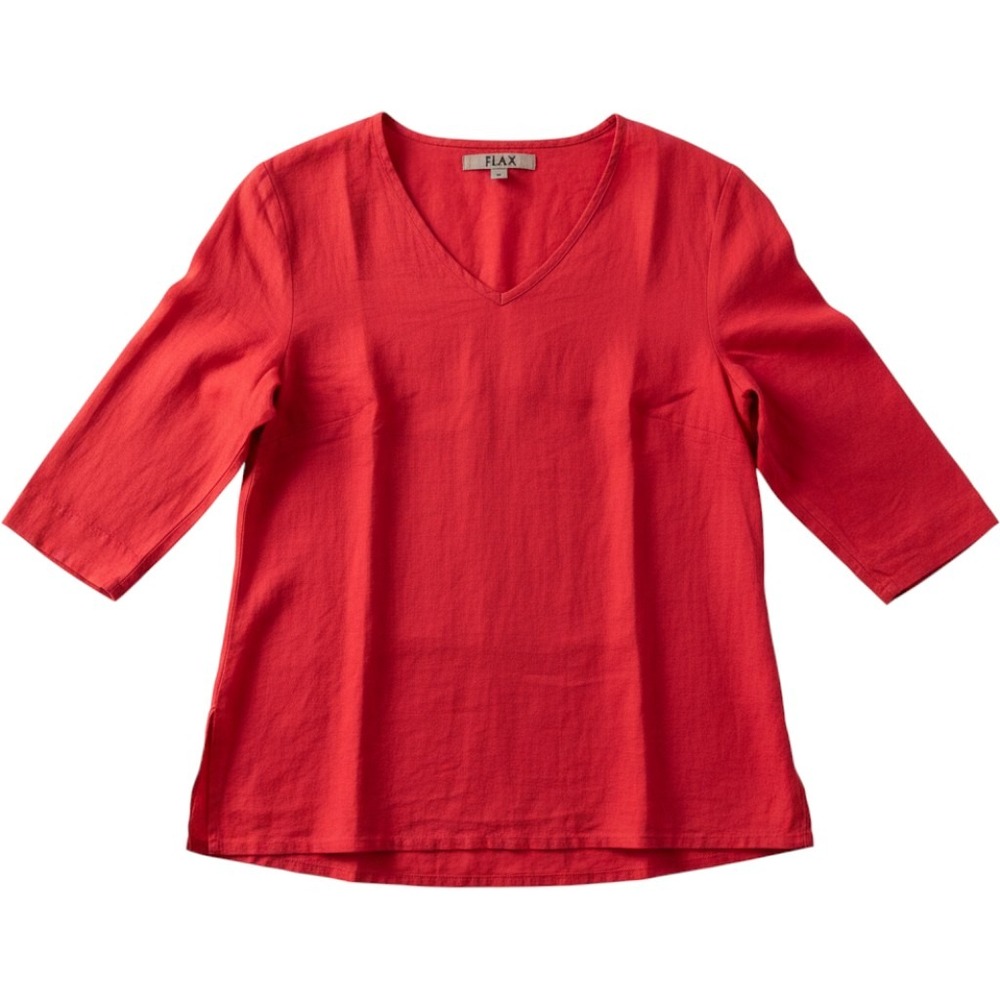 FLAX Red 100% Linen V-Neck Boxy Oversized 3/4 Sleeve Top Tunic Womens Small